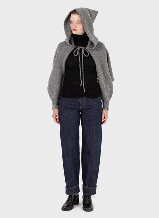 E RT Kingdom Shetland Knit Hooded Sleeves Grey Scarf