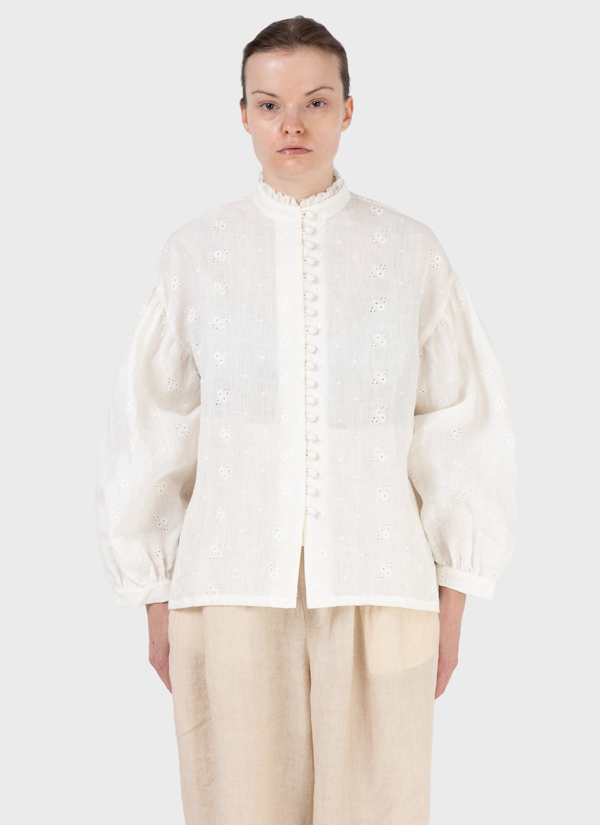 A Tentative Atelier Embroidery Stand Collar Shirt
