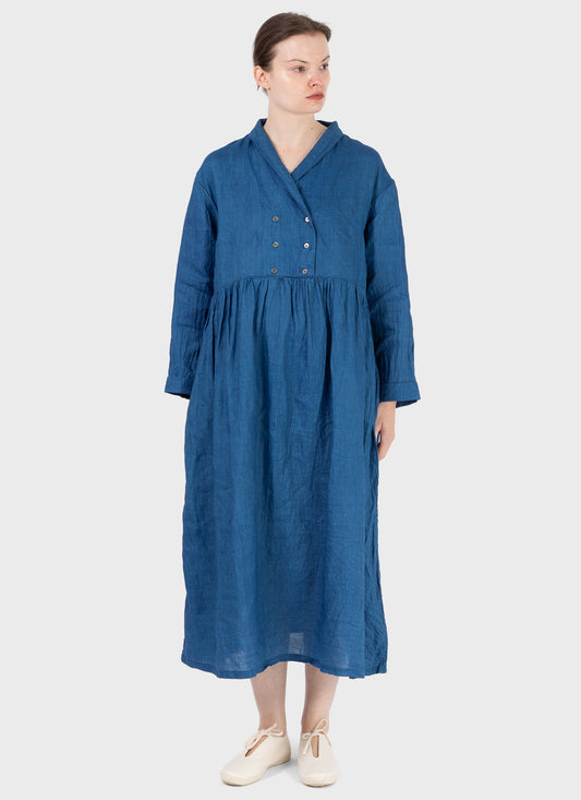 Ichi Antiquités Indigo Linen Shawl Collar Dress