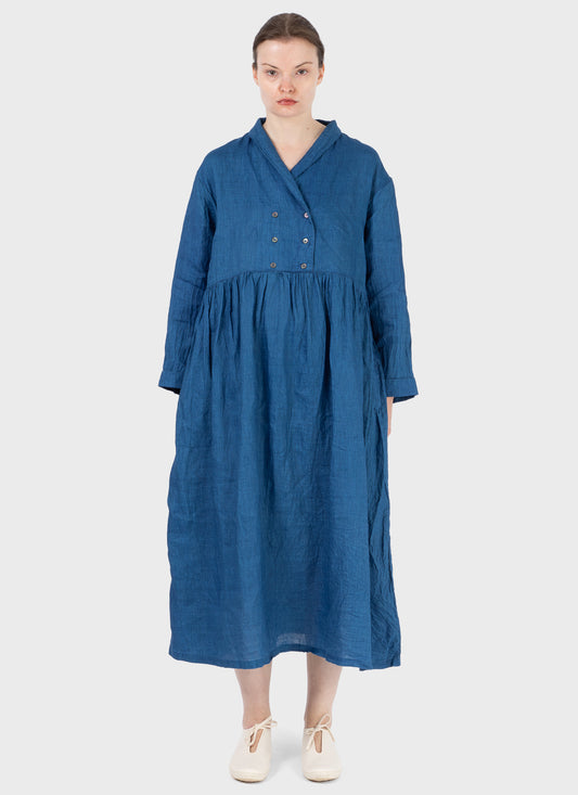 Ichi Antiquités Indigo Linen Shawl Collar Dress