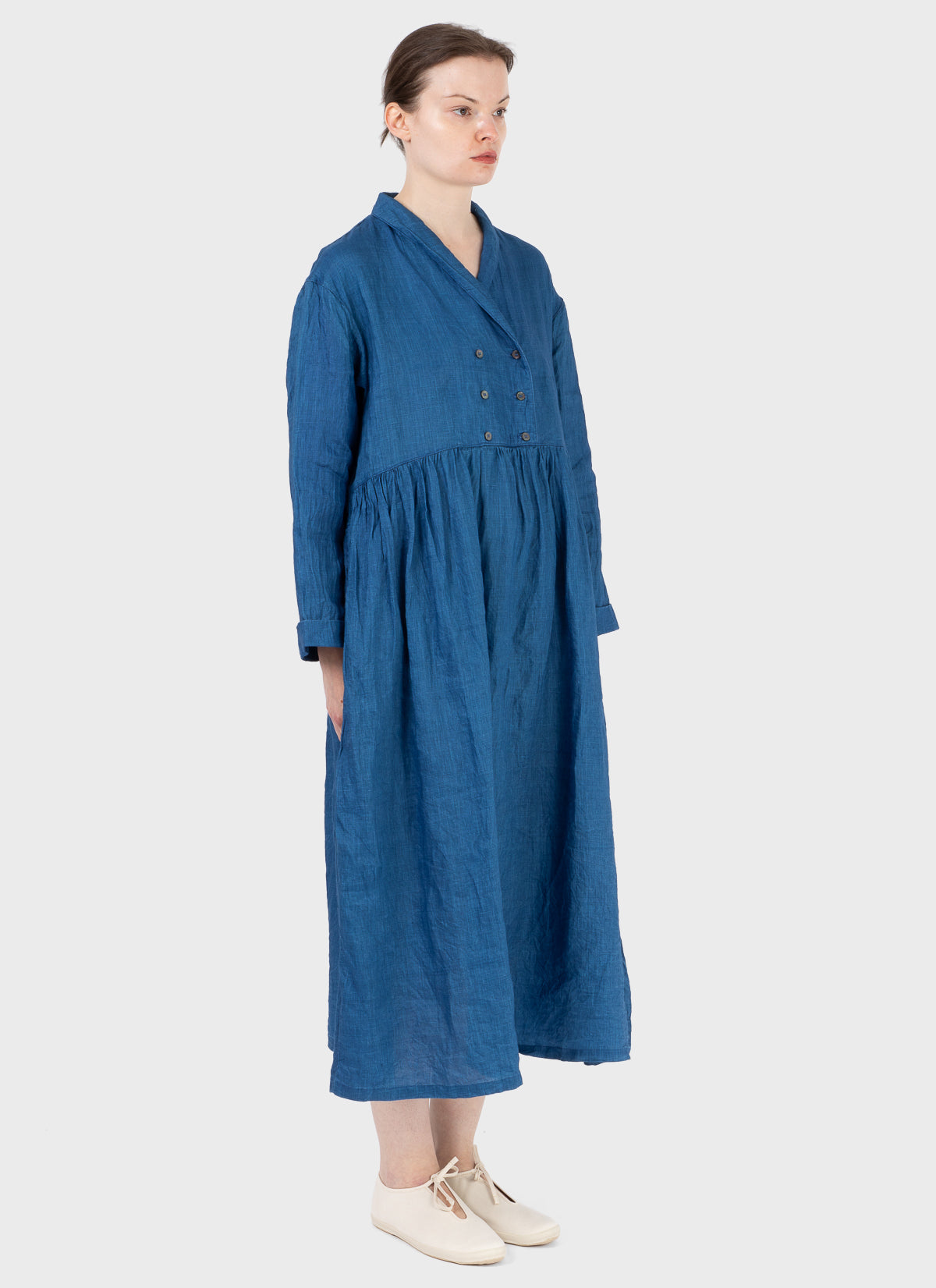 Ichi Antiquités Indigo Linen Shawl Collar Dress