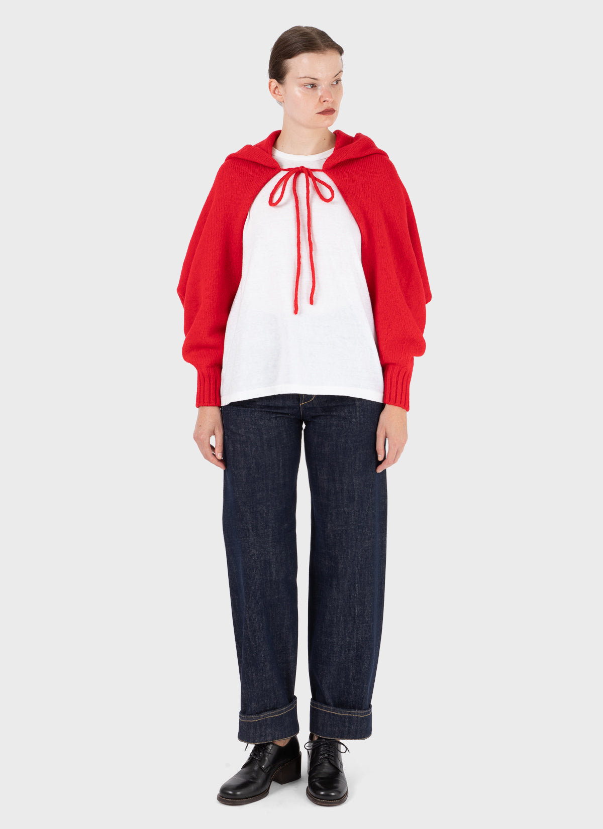 E RT Kingdom Shetland Knit Hooded Sleeves Red Scarf