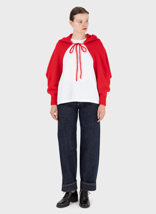 E RT Kingdom Shetland Knit Hooded Sleeves Red Scarf