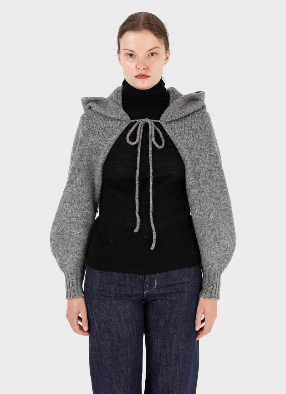 E RT Kingdom Shetland Knit Hooded Sleeves Grey Scarf