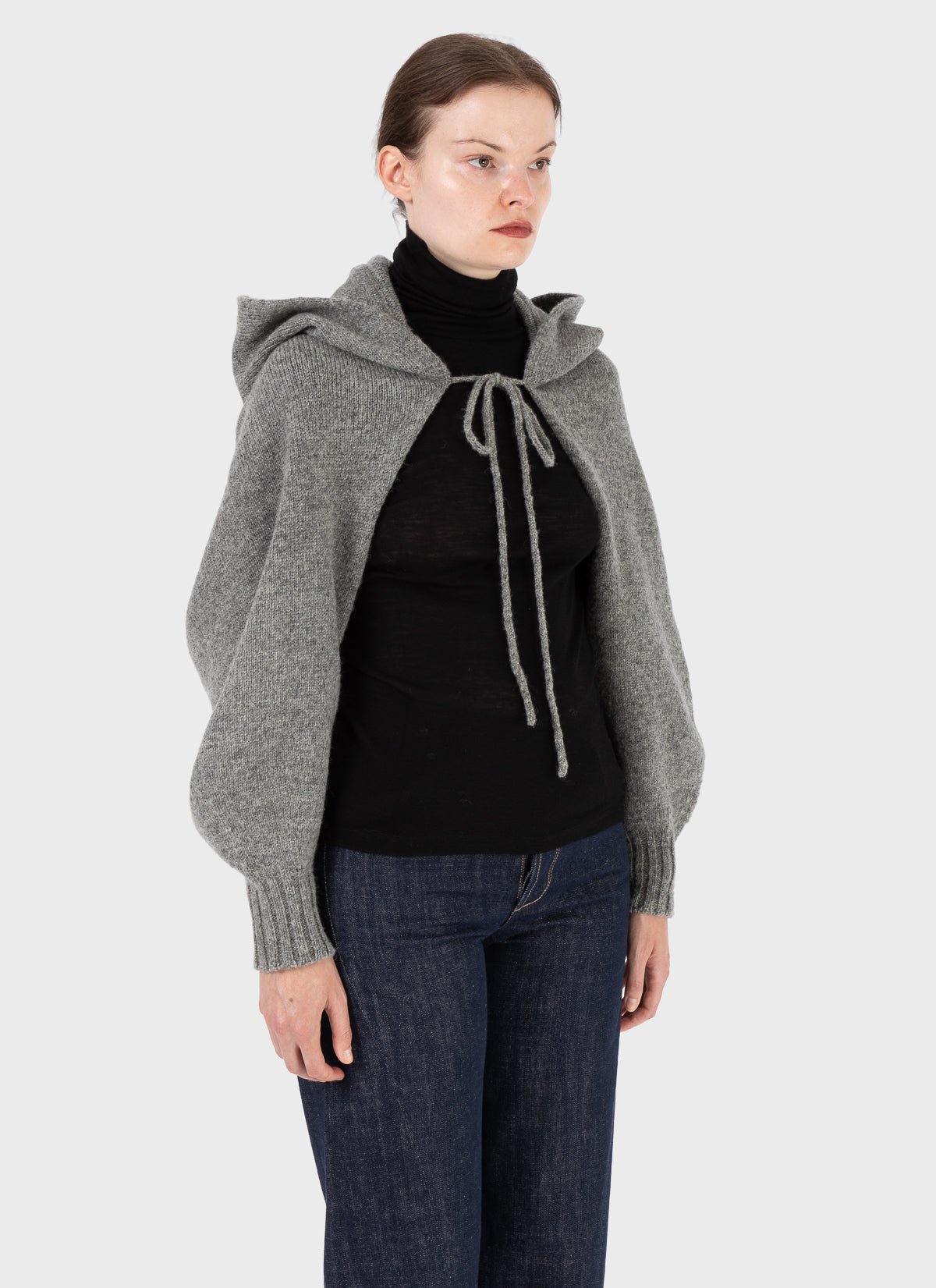E RT Kingdom Shetland Knit Hooded Sleeves Grey Scarf