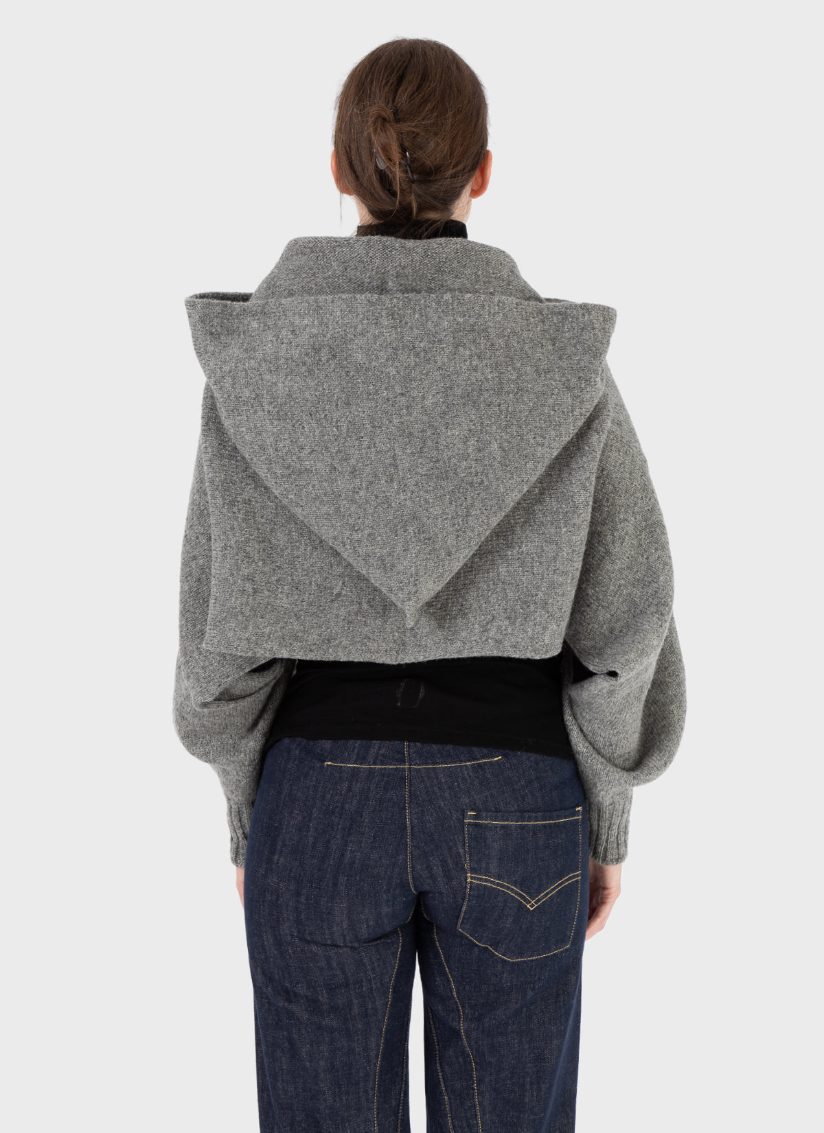 E RT Kingdom Shetland Knit Hooded Sleeves Grey Scarf