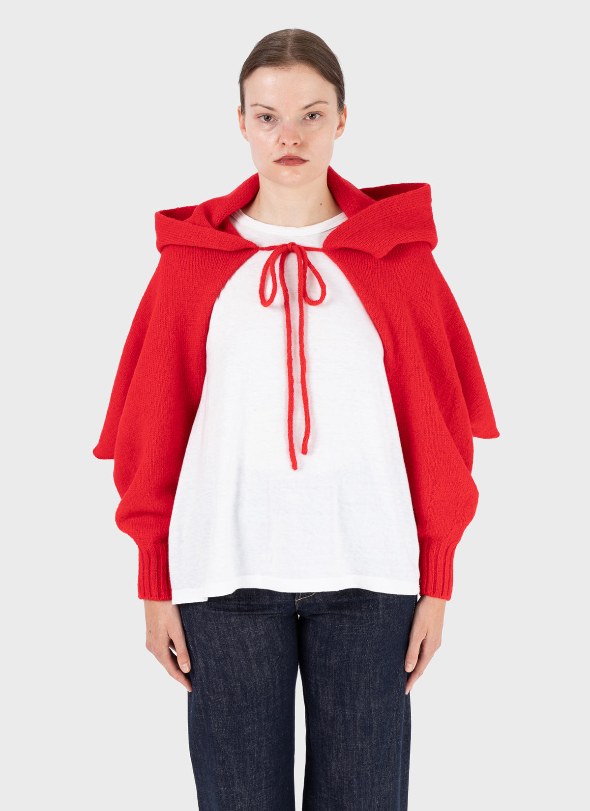 E RT Kingdom Shetland Knit Hooded Sleeves Red Scarf