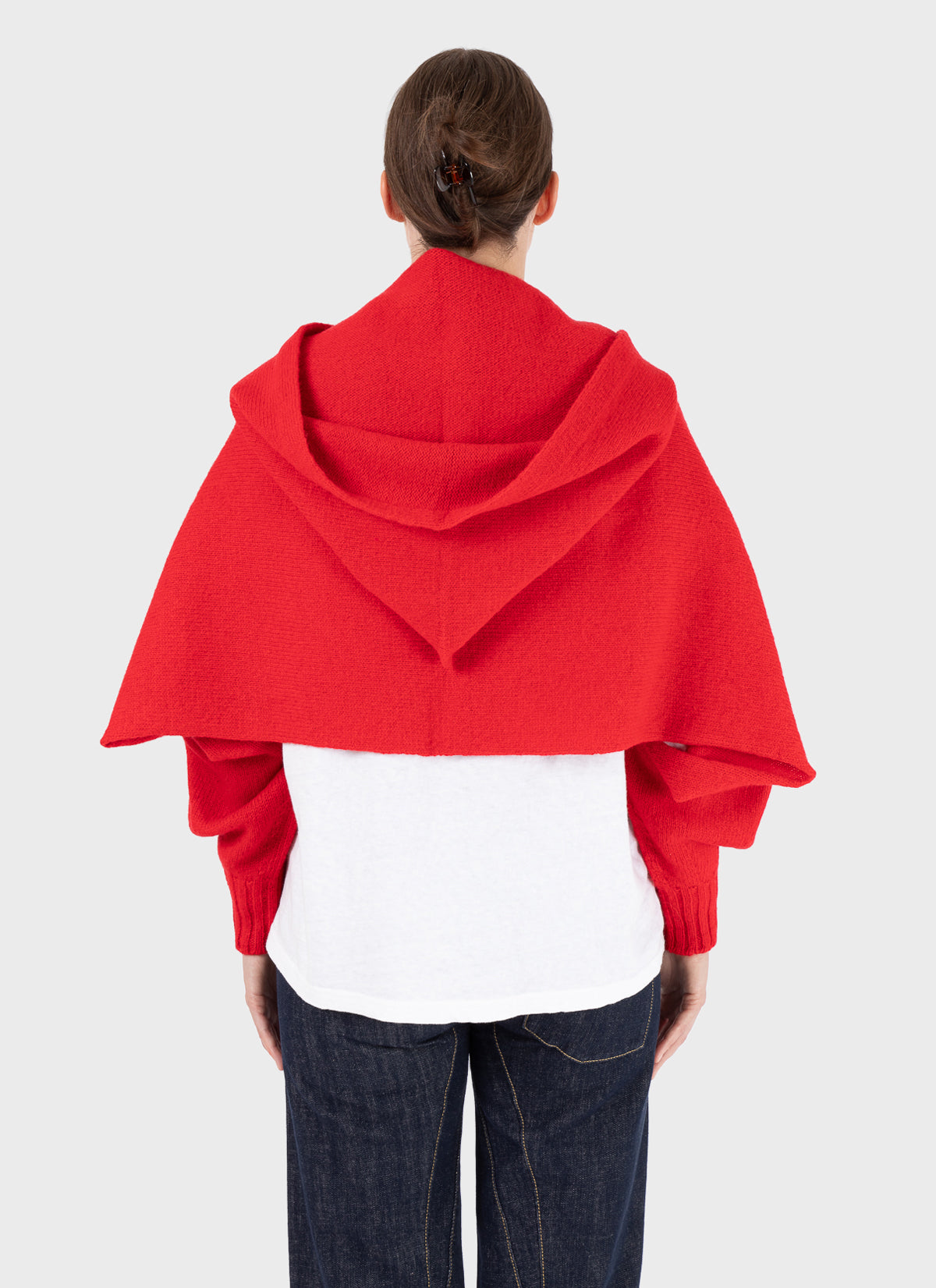 E RT Kingdom Shetland Knit Hooded Sleeves Red Scarf